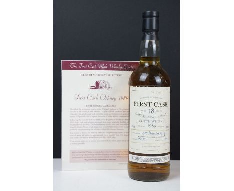 First cask Highland Park Orkney 1989 rare single cask single malt scotch whisky. Aged 18 years Cask no. 11848, bottle no. 44.