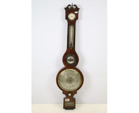 Victorian mahogany banjo barometer with swan neck pediment, with damp/dry dial, thermometer, convex mirror and warranted corr