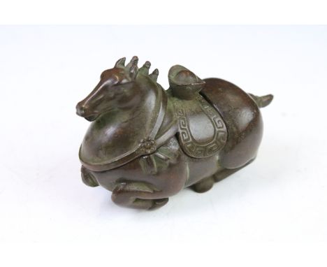 Chinese copper writing brush / pen washer statue in the form of a horse, removable lid, measures approx 8.5cm x 6cm. 