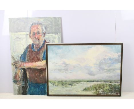 Edward Lewis (1936-2018) - A large oil on board, possibly self portrait, approx 94cm x 61cm together with 20th century, oil o