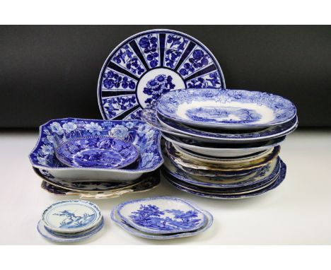 Collection of blue &amp; white plates / dishes, mostly 19th century examples, to include Copeland Spode 'Grasshopper', Copela