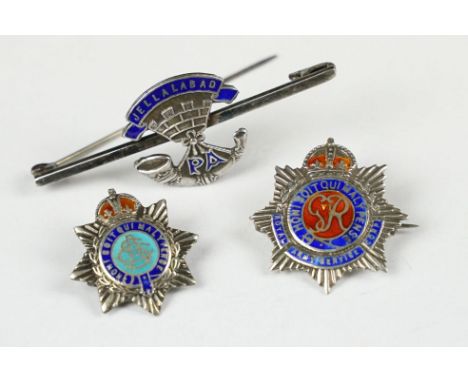 Three Sterling Silver and Enamel Military Badges / Brooches including Jellalabad Somerset Light Infantry Tie Pin / Bar Brooch