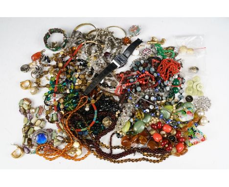 A collection of mainly vintage costume jewellery to include beaded necklaces, wristwatch, earrings....etc.. 