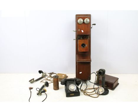 National telephone W company wooden wall mounted telephone, candlestick phone, and a ring dial telephone. 