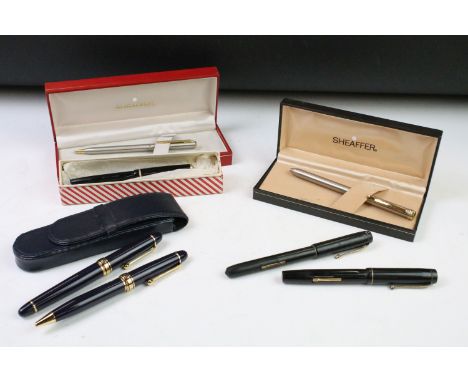 Group of seven vintage pens / pen sets to include Platignum Reliance fountain pen, Mentmore Diploma (gold nibbed), Parker Sli