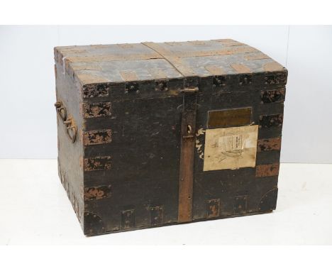 Early 20th century oak and metal mounted travelling trunk, with two handles to each side, brass plaque to front for W. Hawes 