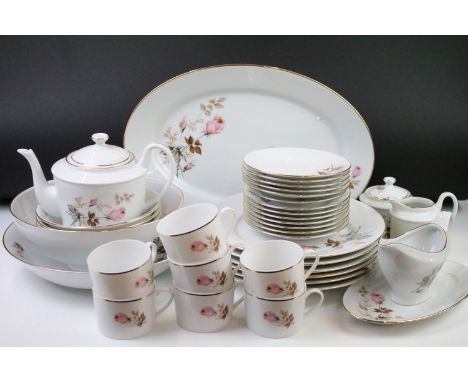 Limoges 'Rose De Monaco' tea &amp; dinner service to include 12 dinner plates, 12 soup bowls, oval platter, 2 hors d'oeuvre d