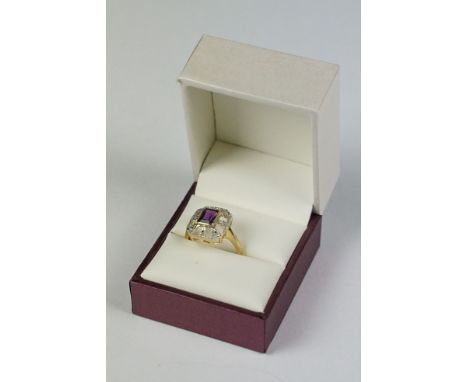 9ct yellow gold amethyst art deco style diamond ring 