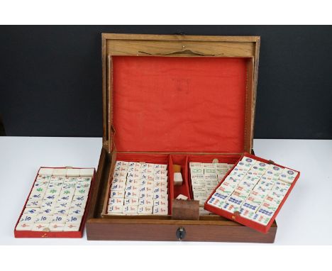 Vintage mahjong set with bone &amp; bamboo pieces, housed within a case and wooden box (with inscription to lid). Box measure