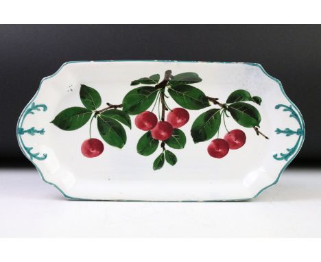 19th century Wemyss Pottery Rectangular Plate, hand painted with cherries, green hand painted mark to base, 30cm long 