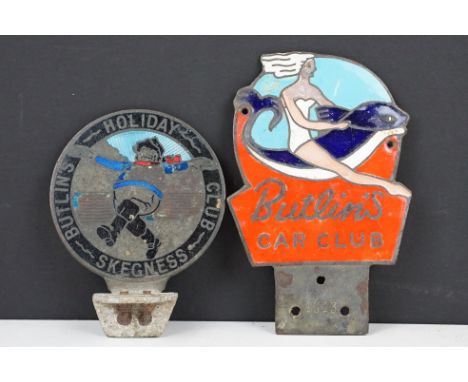 Two vintage Butlin's enamelled car badges to include Butlin's Car club (approx 14.5cm long) and Butlin's Holiday Club Skegnes