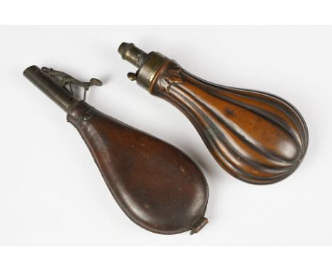 Copper powder flask of ribbed form (approx 19cm long), together with a vintage leather shot pouch 