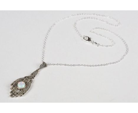 Silver marcasite and opal paneled pendant necklace in the art deco style 