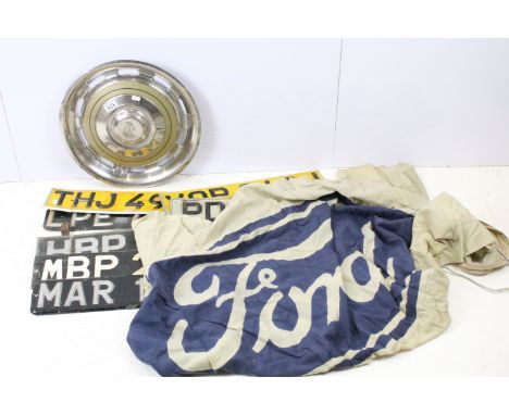 Vintage Ford advertising flag, 120 x 175cm, Rolls Royce hubcap and a collection of seven vintage number plates, MAR 164C, MBP