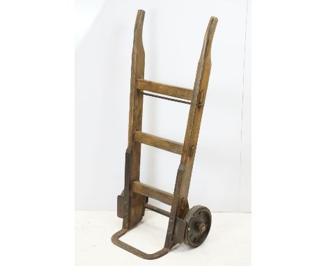 Vintage sack trolley, pine with iron mounts, 105.5cm high 