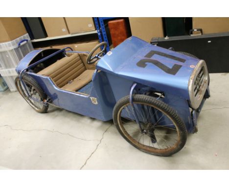 Large petrol powered scratch built ride on car in the form of an MG, punch engine, metallic blue with race number 27, showing