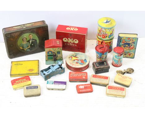 Collection of vintage tins, to include: 2 x Huntley &amp; Palmer's Biscuits Noddy Cleans His Car, Noddy money box bucket, Cha