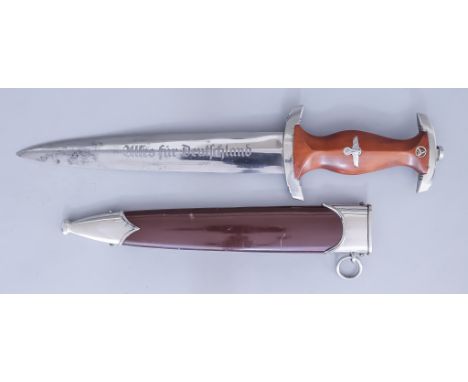 A German NSKK Dagger, 8.5ins bright steel blade etched with "alles fur Deutschland", RZ over M over M7/1 to reverse, brown gr