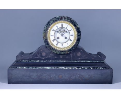 A Late 19th Century French Black Slate and Green Veined Marble Cased Mantel Clock, the 4.75ins diameter white enamel chapter 