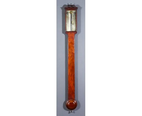 A George III Mahogany Stick Barometer and Thermometer, by Shuttleworth of London, with silvered scale and vernier, mercury tu