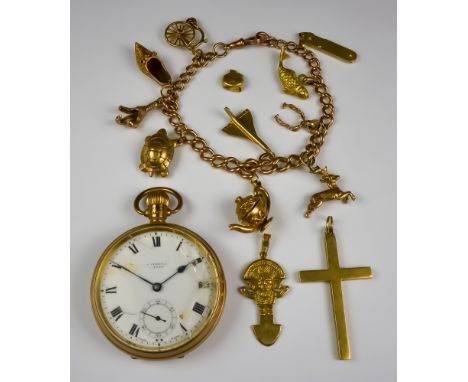A Mixed Lot of 9ct Gold, comprising - 9ct gold charm bracelet with ten suspended charms, gold cross pendent, inca pendent, to