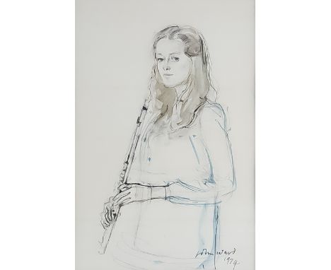 ***John Stanton Ward (1917-2007) - Pencil and watercolour drawing - "Anne Blackburn Flutist" - Half-length portrait of a youn