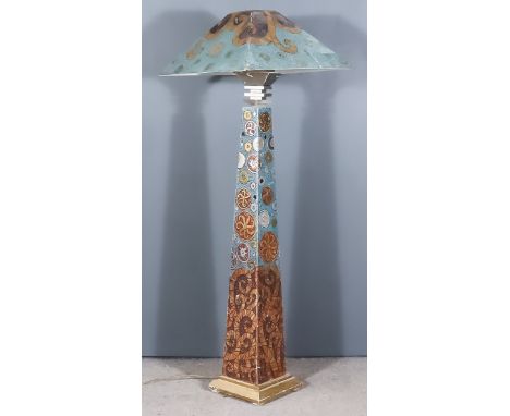 An Unusual 20th Century Embossed Card Standard Lamp of Art Deco Design, with square shade and column, decorated in gilt with 