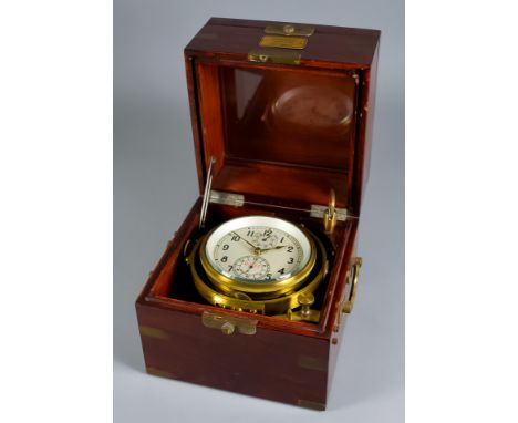 A 20th Century Russian Brass Bound Mahogany Cased Two Day Ships Chronometer, No. 00132, the 3.625ins diameter silvered dial w