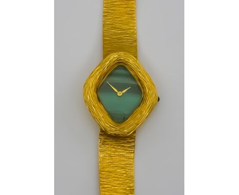 A Lady's Buche Girod Manual Wind Wristwatch, Modern, 18ct Gold Cased, 25mm x 30mm, with bark effect case, the malachite dial 