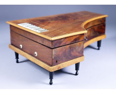 A French Sewing Musical Necessaire, Circa 1830, in the shape of a grand piano, with sewing tools, with two musical movements,