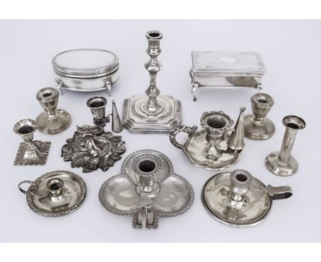 A Late Victorian Small Silver Chamber Candlestick, and Mixed Silverware, the chamber candlestick by Stokes &amp; Ireland Ltd,