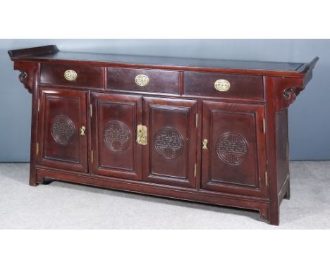 A Chinese Hardwood Sideboard of Altar Form, Mid 20th Century, the flush panelled top with scroll ends, fitted three frieze dr