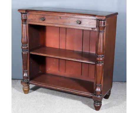 A George IV Mahogany Dwarf Open Front Bookcase, with recessed centre, fitted one frieze drawer and one open shelf under, flan