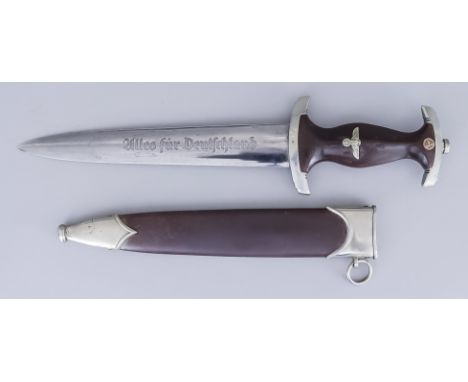 A German World War II NSKK Dagger, 8.5ins bright steel blade etched with "ulles fur Deutschland", with maker's mark for F Her