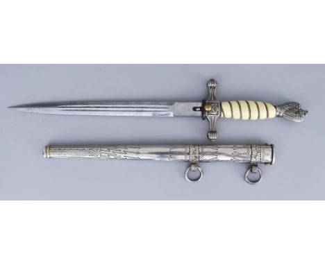 A German World War II Navel dagger, 9.5ins bright steel blade, with maker's mark for Carl Eckhorn, Solingen and motif of a sq