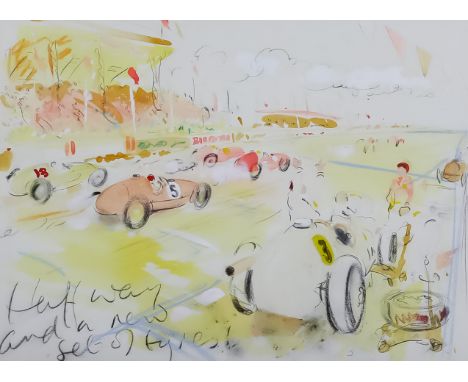 ***Jake Sutton (born 1947) - Two charcoal, watercolour and gouache - "Half Way and a New Set of Tyres!", titled but unsigned,