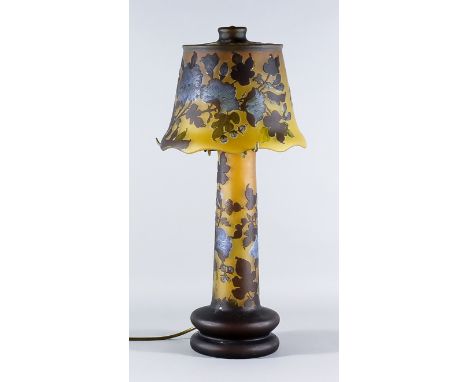 A  Cameo Glass Overlay Electric Table Lamp and Shade, late 20th Century, in the manner of Galle, cut with mauve flowers on a 