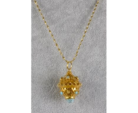 A Turquoise Set Lantern Pendant, Modern, gold coloured metal pendant in the form of a lantern, set with cabochon turquoise st