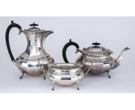 A George V Silver Oval Three-Piece Part Tea Service, by Viner's Ltd, Sheffield 1936/1937, the panelled bodies with C-scroll h