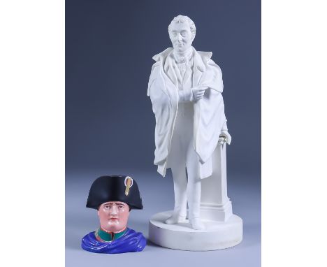 An English Parianware Standing Figure of the Duke of Wellington, 19th Century, the Duke resting his left hand on a pedestal, 