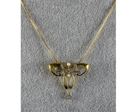 A Gold Coloured Metal Gem Set Pendant, Modern, of triangular open scroll form, with floral spray set with small white stones 