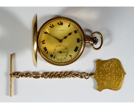 An Eterna Half Hunting Cased Keyless Pocket Watch No. 2065894, the gilt dial with bold Roman numerals and subsidiary seconds 