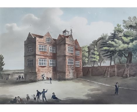 W. Nicholls after T. Rickards - Coloured aquatint - "East View of Harrow School", 9ins x 12.5ins, published 1808 (?), and 19t