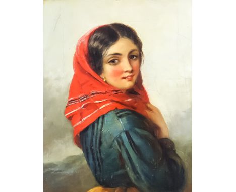 19th Century Continental School - Oil painting - Half length portrait of a young woman with red headscarf, canvas 10.5ins x 8