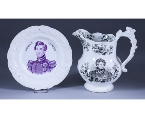 A Goodwin, Bridgwood &amp; Harris Staffordshire Pottery Commemorative Jug, early 19th Century, transfer printed in black with