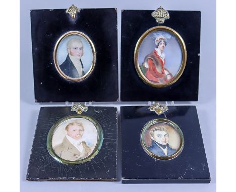 19th Century English School - Four miniature paintings - Half length portrait of a seated woman wearing fur trimmed coat, ova