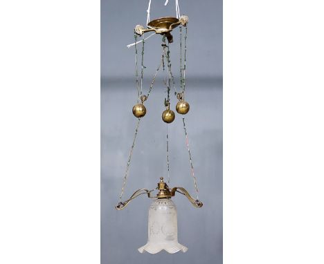 Two Late 19th/Early 20th Century Lacquered Brass Rise and Fall Ceiling Electric Light Fittings, the central light fitting wit