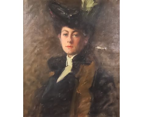 Joseph Milner Kite (1862-1946) - Oil painting - Portrait of Julie Fromont wearing elaborate hat, signed, canvas 25.75ins x 21