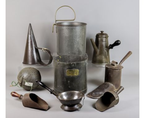 A Small Collection of Domestic Items, including tin milk ladle with brass handle, 7.25ins diameter x 12.5ins high, circular t