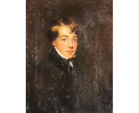 19th Century English School - Oil painting - Shoulder length portrait of a young man, canvas 10ins x 8ins